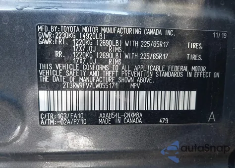 2020 Toyota Rav4 Hybrid Xle z USA, uszkodzony, nr VIN 2T3RWRFV7LW055171